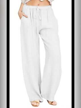 CHARTOU White Elastic Waist Wide Leg Cotton Linen Blend Pants